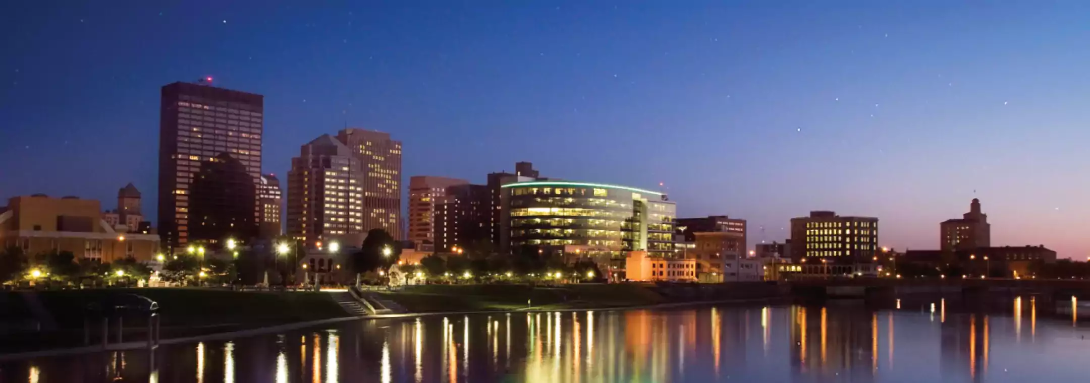 Dayton, Ohio skyline at dusk