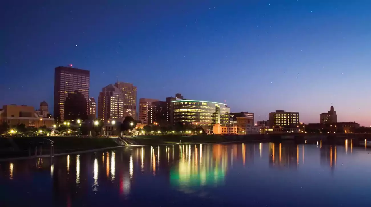 Dayton, Ohio skyline at dusk